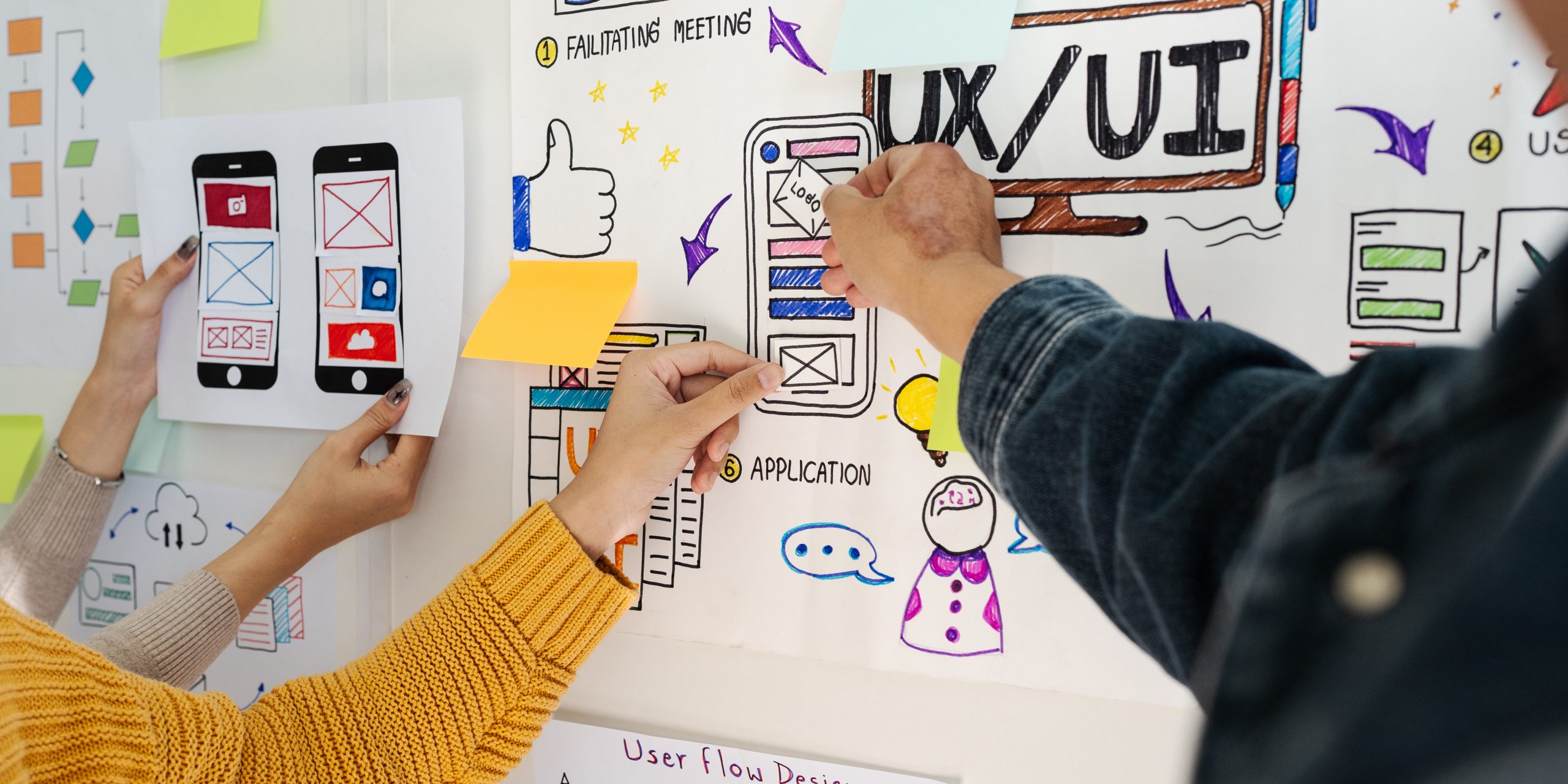 Close up ux developer and ui designer brainstorming interface wireframe design.Creative digital development agency